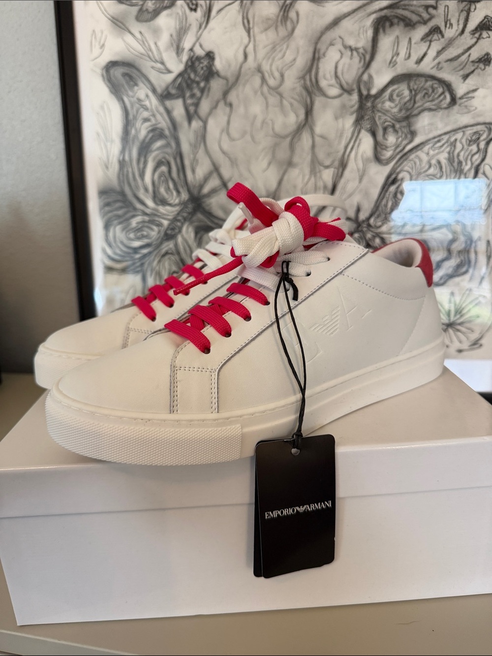 Emporio Armani authentic women's White Sneakers with Pink Laces and Heel Tab